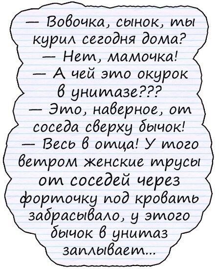 Вовочка сынок иды куры сегодня дома _ Неид Мамочка А чей это окурок б унитазе Эмо наверное от соседа сберху бычок Весь б отца У того бегиром женские трусы от соседей через формочку иод кробаидо забраеыбмо у этого бычок б унимаз замыбоет