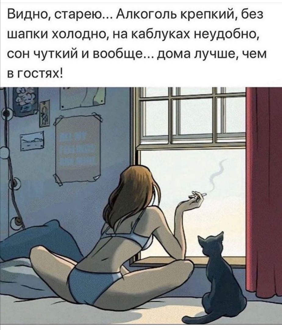 Видно старею Алкоголь крепкий без шапки холодно на каблуках неудобно сон чуткий и вообще дома лучшечем в гостях