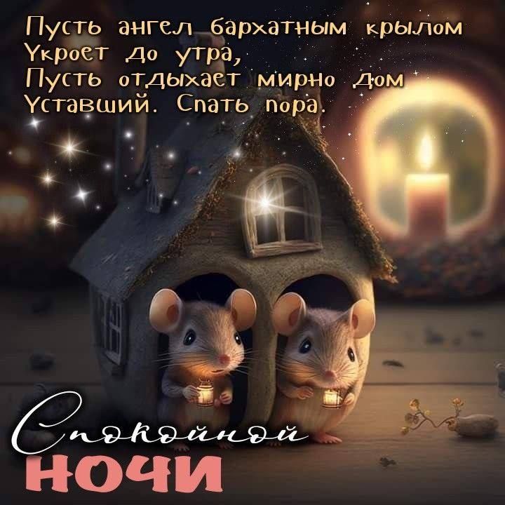 Пусть ангел бархатным крылом Укроет до утра, Пусть отдыхает мирно дом Уставший. Спать пора