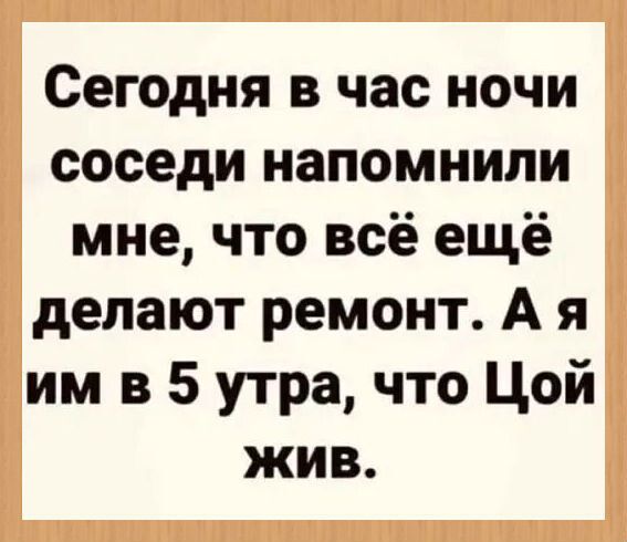 Сегодня в час ночи соседи напомнили мне что всё ещё делают ремонт А я им в 5 утра что Цой жив