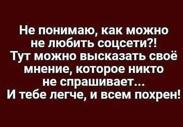 Не понимаю как можно не любить соцсети Тут можно высказать своё мнение которое никто не спрашивает И тебе легче и всем похрен