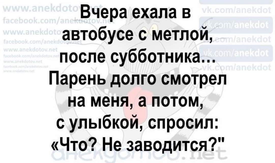 Вчера ехала в автобусе с метлой после субботника Парень долго смотрел на меня а потом с улыбкой спросил Что Не заводится