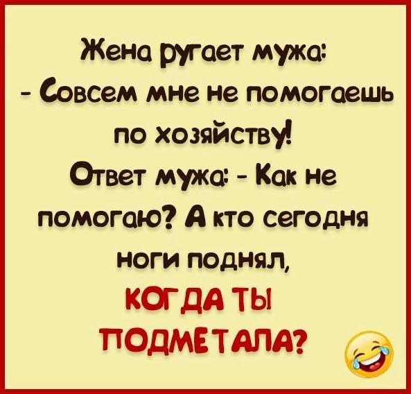 Жена ругает мужа Совсем мне не помогаешь по хозяйству Ответ мужо Как не помогаю А кто сегодня ноги поднял КОДА ТЫ ПОДМЕТАПА