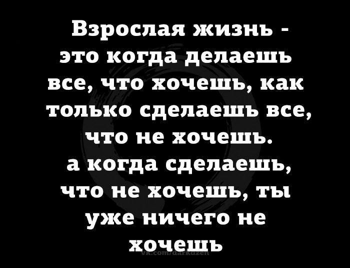 Взрослая жизнь это когда делаешь все что хочешь как только сделаешь все что не хочешь а когда сделаешь что не хочешь ты уже ничего не хочешь