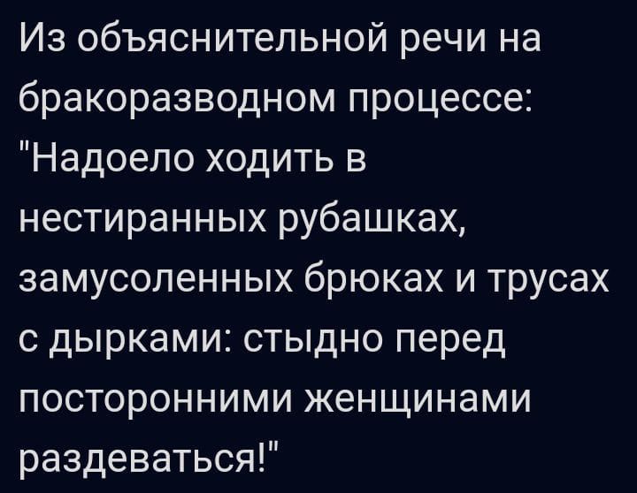 Из объяснительной речи на бракоразводном процессе Надоело ходить в нестиранных рубашках замусоленных брюках и трусах с дырками стыдно перед посторонними женщинами раздеваться