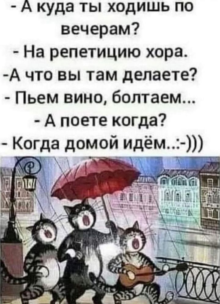 А куда ты ходишь по вечерам На репетицию хора А что вы там делаете Пьем вино болтаем А поете когда Когда домой идём