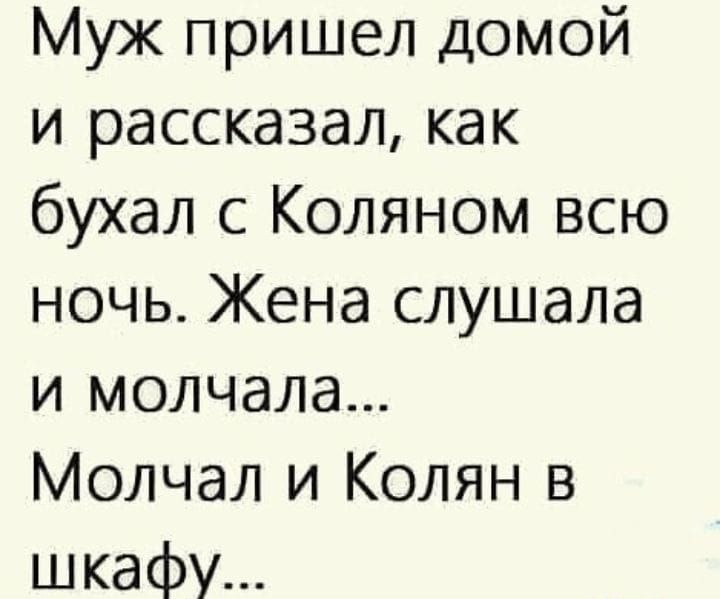 Муж пришел домой и рассказал как бухал с Коляном всю ночь Жена слушала и молчала Молчал и Колян в шкафу