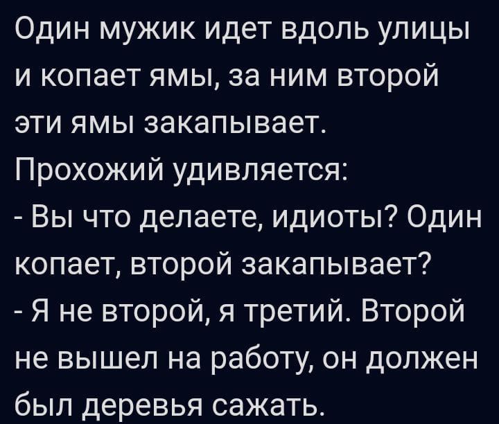 Один мужик идет вдоль улицы и копает ямы за ним второй эти ямы закапывает Прохожий удивляется Вы что делаете идиоты Один копает второй закапывает Я не второй я третий Второй не вышел на работу он должен был деревья сажать