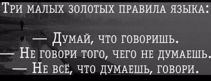 ТРИ МАЛЫХ ЗОЛОТЫХ ПРАВИЛА ЯЗЫКА дУМАЙ что говоришь НЕ говори того чвго нн думжшь НЕ ВСЁ что думдвшь говори