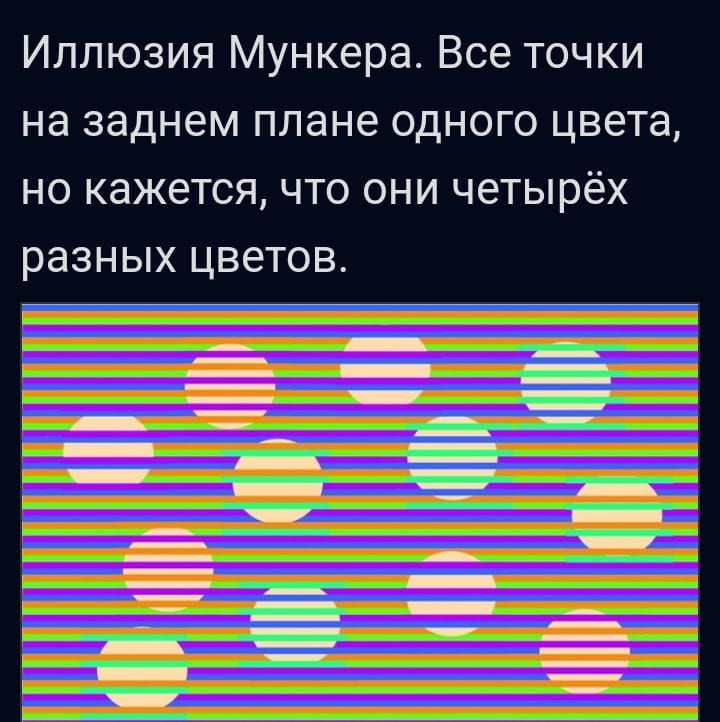 Иллюзия Мункера Все точки на заднем плане одного цвета но кажется что они четырёх разных цветов