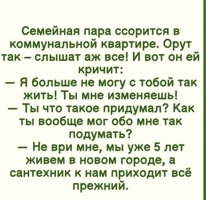 Семейная пара ссорится в коммунальной квартире Орут так слышат аж все И вот он ей кричит Я больше не могу с тобой так жить Ты мне изменяешь Ты что такое придумал Как ты вообще мог обо мне так подумать Не ври мне мы уже 5 лет живем в новом городе а сантехник к нам приходит всё прежний