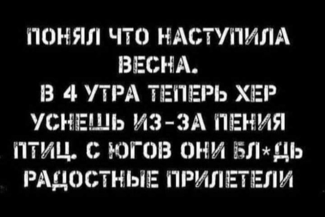 ПОНЯЛ ЧТО НАСТУПИЛА ВЕСНА З 4 ТРА ТЕПЕРЬ ХЕР УСНЕШЬ ИЗ ЗА ПЕНИЯ ПТИЦ с ЮГОВ ОНИ ШНДЬ РАДОСТНЫЕ ПРИПЕТЕЛИ