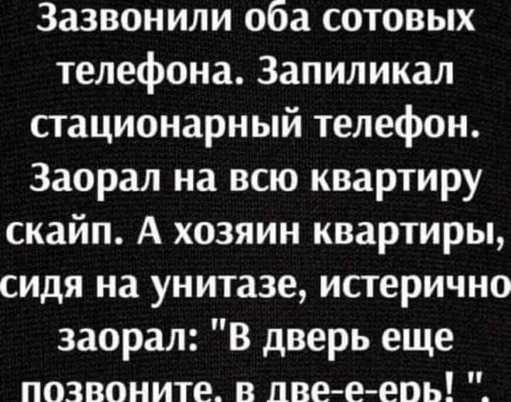 Зазвонили оба сотовых телефона Запиликал стационарный телефон Заорал на всю квартиру скайп А хозяин квартиры сидя на унитазе истерично заорал В дверь еще позвоните в лве е епь