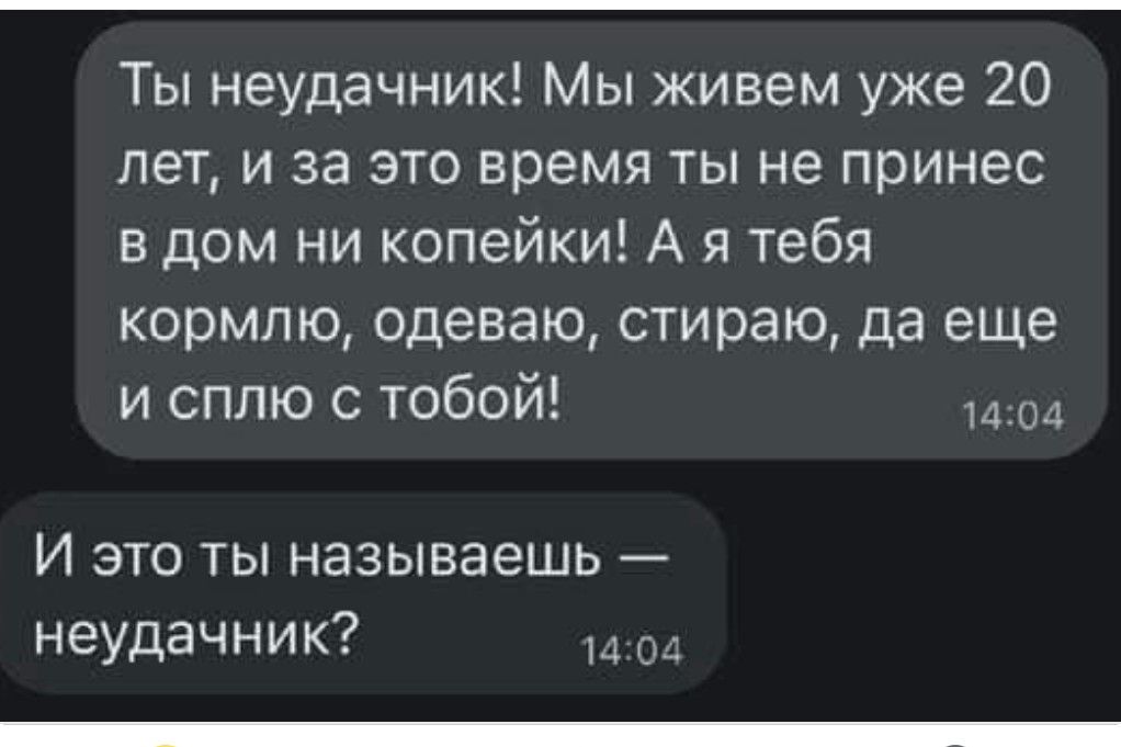 Ты неудачник Мы живем уже 20 лет и за это время ты не принес вдом ни копейки А я тебя кормлю одеваю стираю да еще и сплю с тобой И это ты называешь неудачник