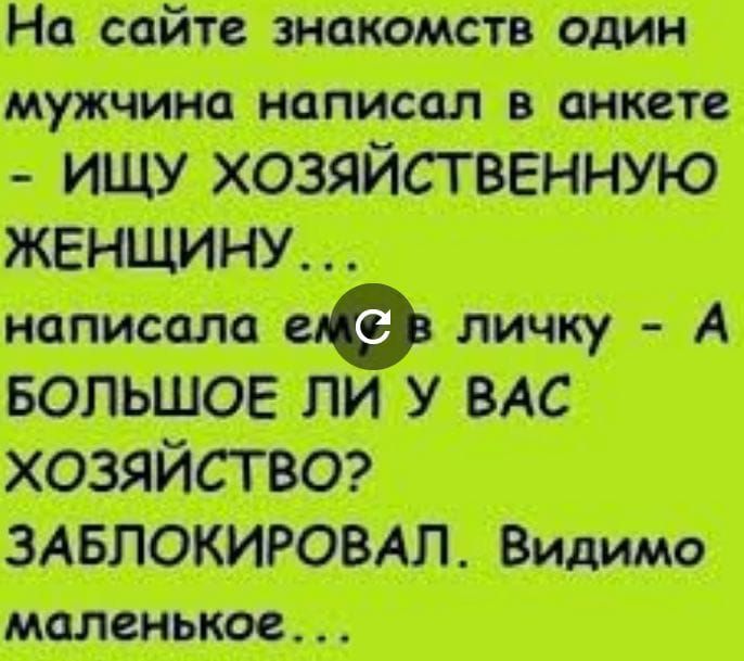 На сайте знакомств один мужчина написал В анита ищу хозяйственную ЖЕНЩИНУ написала личку А БОЛЬШОЕ ПИ У ВАС хозяйстве ЗАБЛОКИРОВАЛ Видимо маленькое