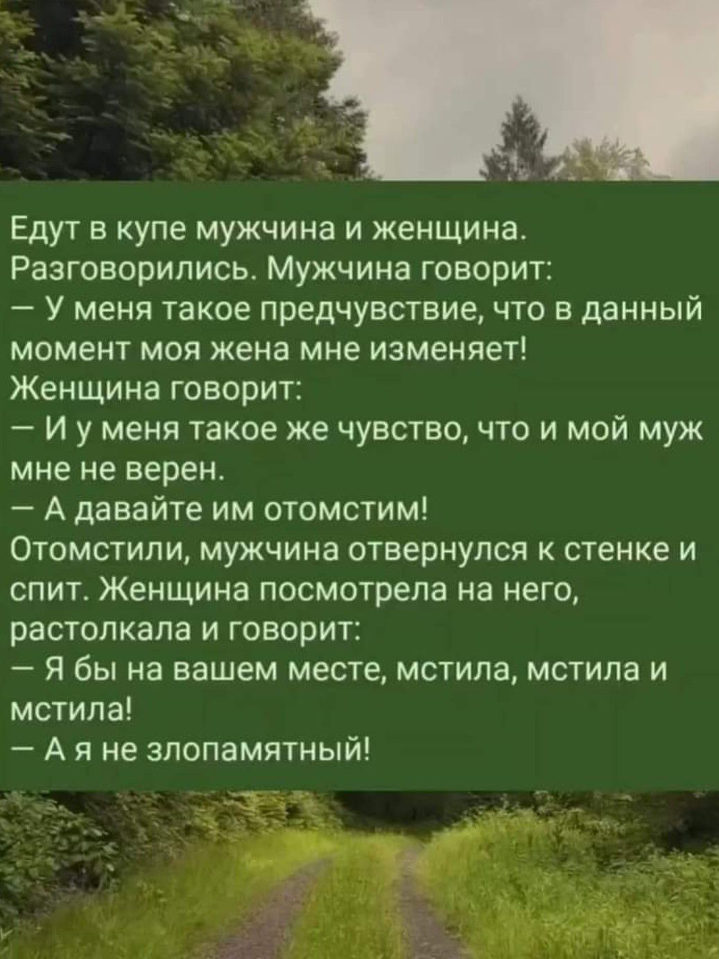 Едут в купе мужчина и женщина Разговорились Мужчина говорит У меня такое предчувствие что в данный момент моя жена мне изменяет Женщина говорит И у меня такое же чувство что и мой муж мне не верен А давайте им отомстим Отомстипи мужчина отвернулся к стенке и спит Женщина посмотрела на него растопкапа и говорит Я бы на вашем месте мстила мстипа и мстипа А я не зпопамятный