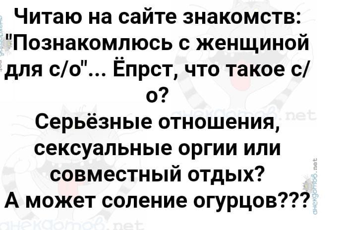 Читаю на сайте знакомств Познакомлюсь с женщиной для ссо Ёпрст что такое с о Серьёзные отношения сексуальные оргии или совместный отдых А может соление огурцов