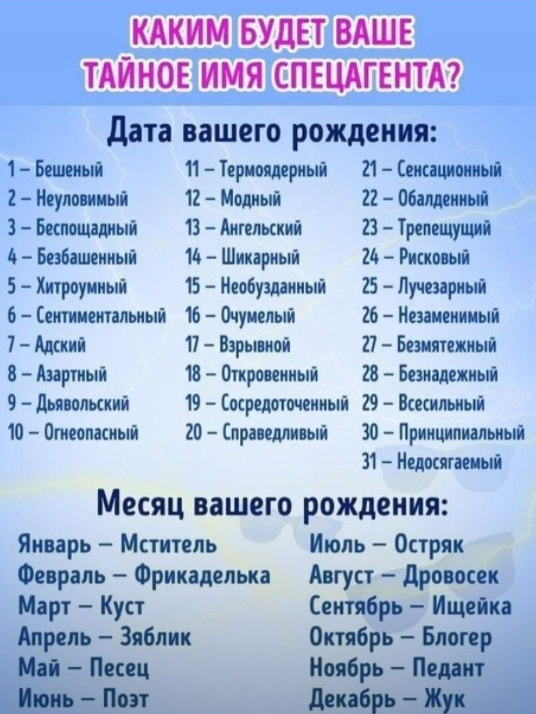 КАКИМ БУДЕТВАШЕ ТАЙНОЕИМЯ СПЕЦАГЕНТА Дата вашего рождения Бешеный Термоядерный 21 Сенсационный 2 Неуловимый 12 Модный 22 Обалденный 3 Беспощадный 13 Ангельский 23 Трепещущий Безбашенный 14 Шикарный 24 Рисковый 5 Хитроумный 5 Необузданный 25 Лучезарный 6 Сентиментальный 16 Очумелый 26 Незаменимый 7 Адский 17 Взрывной 21 Безмятежный 8 Азартный 18 Отк