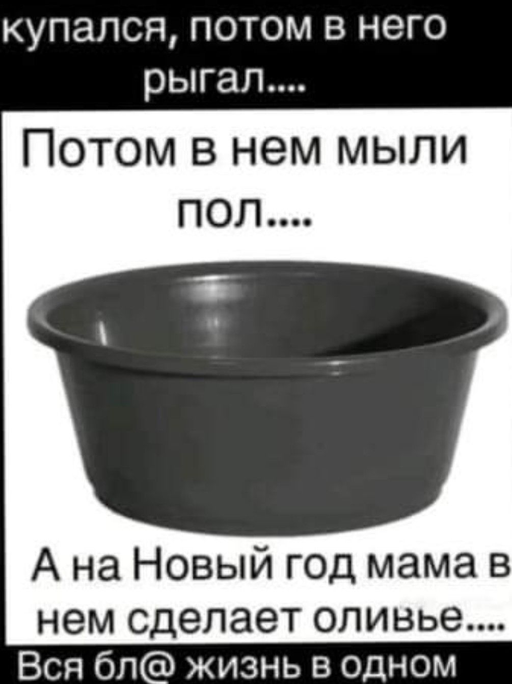 купался потом в него рыгал Потом в нем мыли пол А на Новый год мама в нем сделает оливье Вся бл жизнь в одном