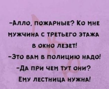 Алло ПОЖАРНЫЕ Ко МНЕ МУЖЧИНА С ТРЕТЬЕГО ЭТАЖА В ОКНО ЛЕЗЕТ Это ВАМ В ПОЛИЦИЮ НАДО ДА ПРИ ЧЕМ ТУТ оНни ЕМУ ЛЕСТНИЦА НУЖНА