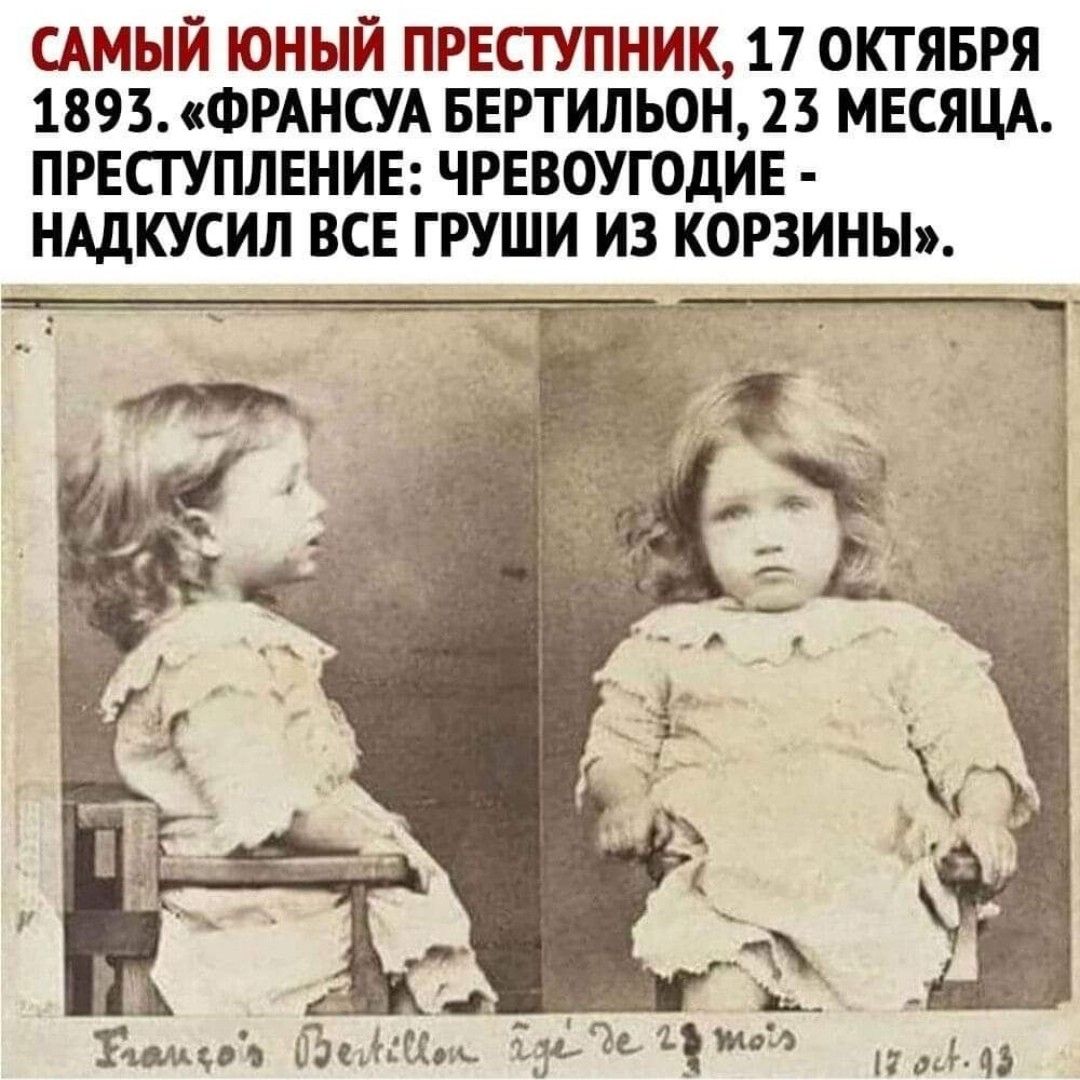 САМЫЙ ЮНЫЙ ПРЕСТУПНИК 17 ОКТЯБРЯ 1895 ФРАНСУА БЕРТИЛЬОН 25 МЕСЯЦА ПРЕСТУПЛЕНИЕ ЧРЕВОУГОДИЕ НАДКУСИЛ ВСЕ ГРУШИ ИЗ КОРЗИНЫ