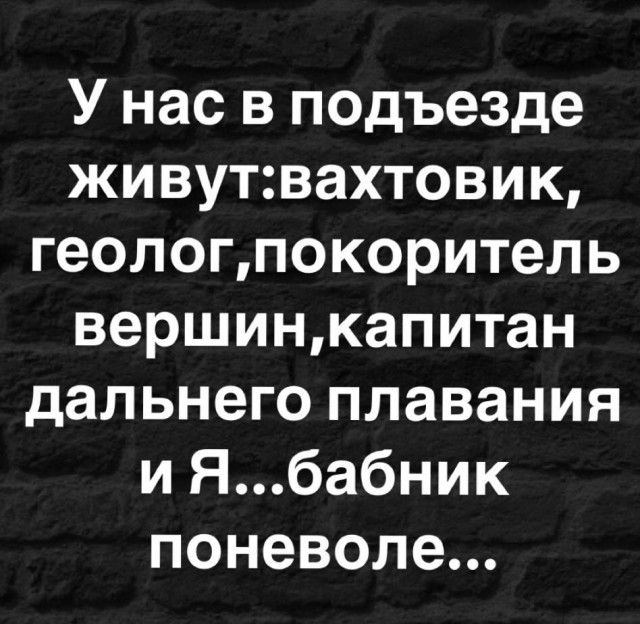 У нас в подъезде живутвахтовик геологпокоритель вершинкапитан дальнего плавания и Ябабник поневоле