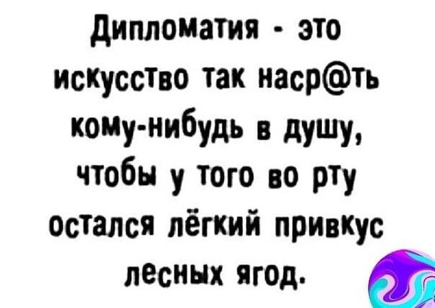 Дипломатия это искусство так насрть кому нибудь в душу чтобы у того во рту остался лёгкий привкус лесных ягод