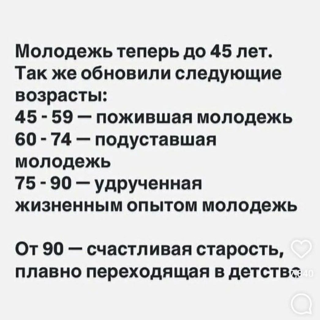 Молодежь теперь до 45 лет. Так же обновили следующие возраста: 45 - 59 — пожившая молодежь 60 - 74 — подусташшая молодежь 75 - 90 — удрученная жизненным опытом молодежь От 90 — счастливая старость, плавно переходящая в детство.
