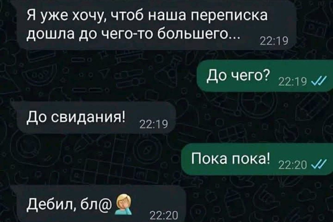 Я уже хочу, чтоб наша переписка дошла до чего-то большего...
До чего?
До свидания!
Пока пока!
Дебил, бля