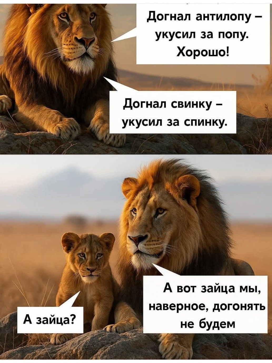 Догнал антилопу – укусил за попу. Хорошо!
Догнал свинку – укусил за спинку.
А вот зайца мы, наверное, догонять не будем.
А зайца?