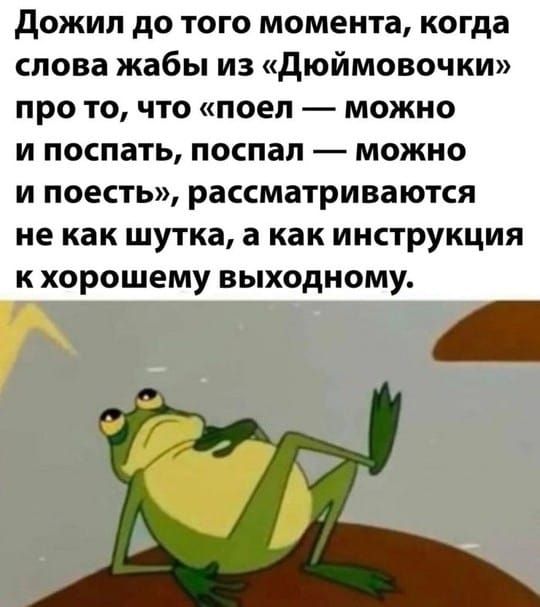 Дожил до того момента, когда слова жабы из «Дюймовочки» про то, что «поел — можно и поспать, поспал — можно и поесть», рассматриваются не как шутка, а как инструкция к хорошему выходному.