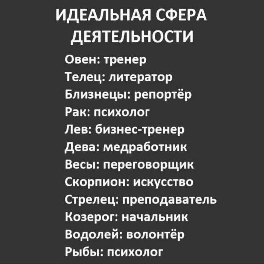 ИДЕАЛЬНАЯ СФЕРА ДЕЯТЕЛЬНОСТИ
Овен: тренер
Телец: литератор
Близнецы: репортёр
Рак: психолог
Лев: бизнес-тренер
Дева: медработник
Весы: переговорщик
Скорпион: искусство
Стрелец: преподаватель
Козерог: начальник
Водолей: волонтёр
Рыбы: психолог