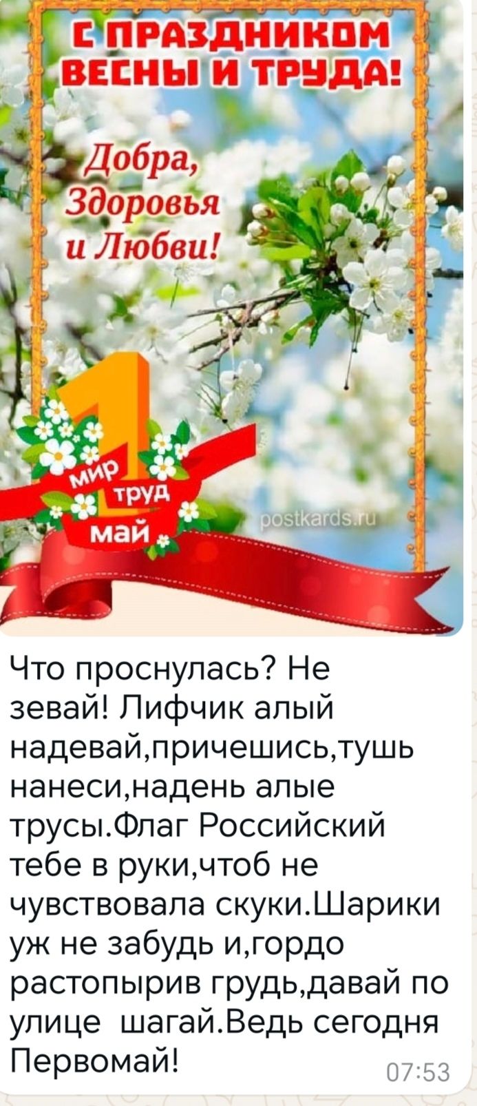 С праздником весны и труда! Добра, здоровья и любви! Что проснулась? Не зевай! Лифчик алый надевай, причешись, тушь нанеси, надень алые трусы. Флаг Российский тебе в руки, чтоб не чувствовала скуки. Шарики уж не забудь и, гордо растрапив грудь, давай по улице шагай. Ведь сегодня Первомай!
