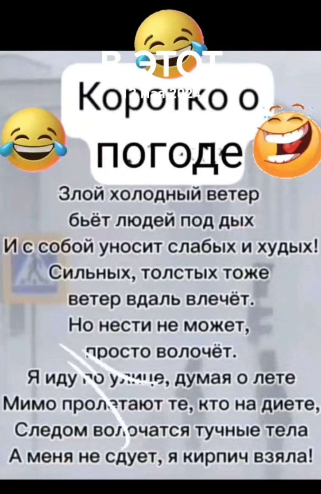 Корочко о погоде
Злой холодный ветер
бьёт людей под дых
И с собой уносит слабых и худых!
Сильных, толстых тоже
ветер вдаль влечёт.
Но нести не может,
просто волочёт.
Я иду по улице, думая о лете.
Мимо пролетают те, кто на диете,
Следом волочатся тушные тела
А меня не судят, я кирпич взяла!