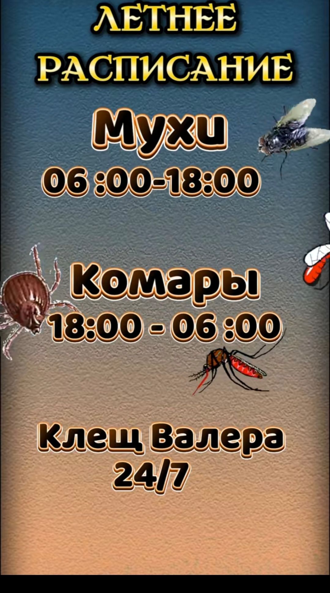 ЛЕТНЕЕ РАСПИСАНИЕ
Мухи
06:00-18:00
Комары
18:00-06:00
Клещ Валера
24/7