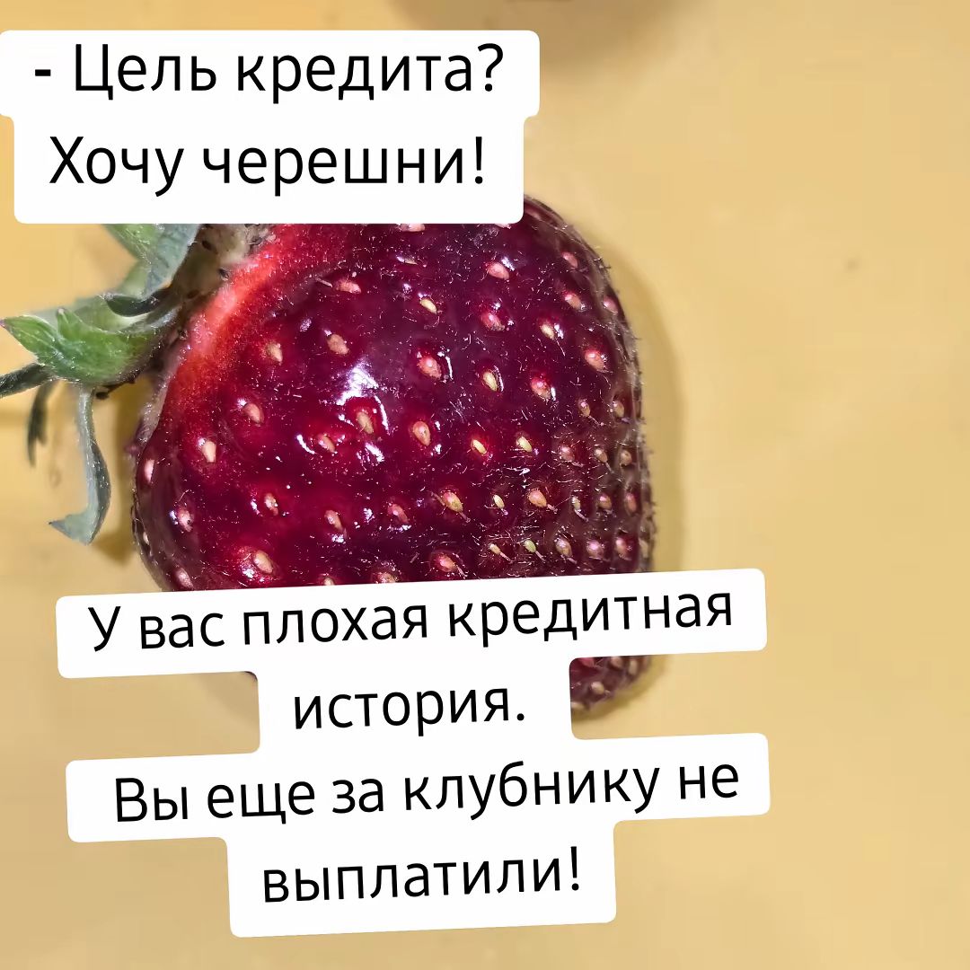 - Цель кредита? Хочу черешни!
У вас плохая кредитная история.
Вы еще за клубнику не выплатили!