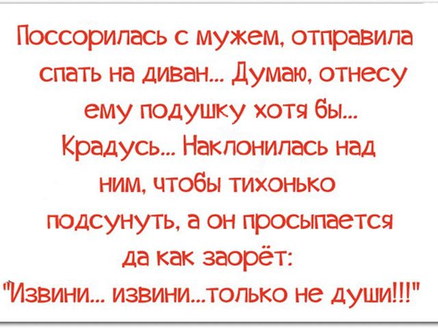 Поссорипась с мужем отправила спать на диван Думао отнесу ему подушку хотя бы Крадусь Накпоъмпась над тм чтобы тихонько подсунуть а он просыпается да как заорёт Извини извимтогько не душ
