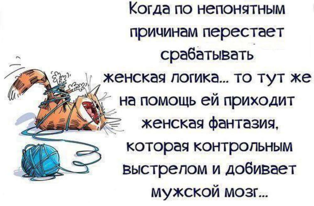 Когда по непонятным причинам перестает срабатывать женская логика то тут же на помощь ей приходит женская фантазия которая контрольным выстрелом и добивает мужской мозг