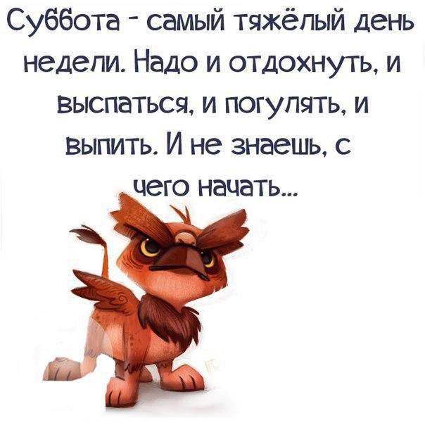 Суббота самый тяжёлый день недели Надо и отдохнуть и выспаться и погулять и выпить И не знаешь с чего начать