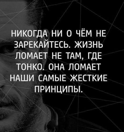 НИКОГДА НИ О ЧЕМ НЕ ЗАРЕКАЙТЕСЬ ЖИЗНЬ ЛОМАЕТ НЕ ТАМ ГДЕ ТОНКО ОНА ЛОМАЕТ НАШИ САМЫЕ ЖЕСТКИЕ ПРИНЦИПЫ