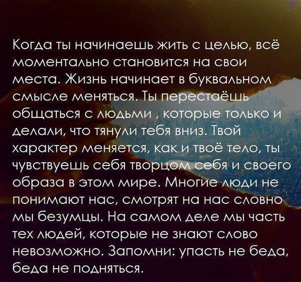 Когда ты начинаешь жить с цемю всё МОМЕНТСАЬНО СТОНОВИТСЯ НО СВОИ места ЖИЗНЬ начинает В бУКВОАЬНОМ СМЫСАЭ менят общаться мо чувствуешь себя тво образа в этом мире Мног ПОНИМОЮТ НОС СМОТРЯТ НС НОС САОЕНЦ МЫ безумцы На самом АеАе МЫ ЧПСТЬ тех АЮАеЙ которые не знают САово невозможно Запомни упасть не беАО беАа не пОАняться