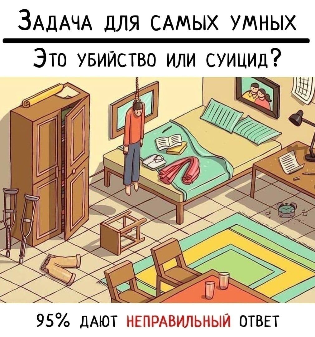 Задача для самых умных
Это убийство или суицид?
95% дают Неправильный ответ