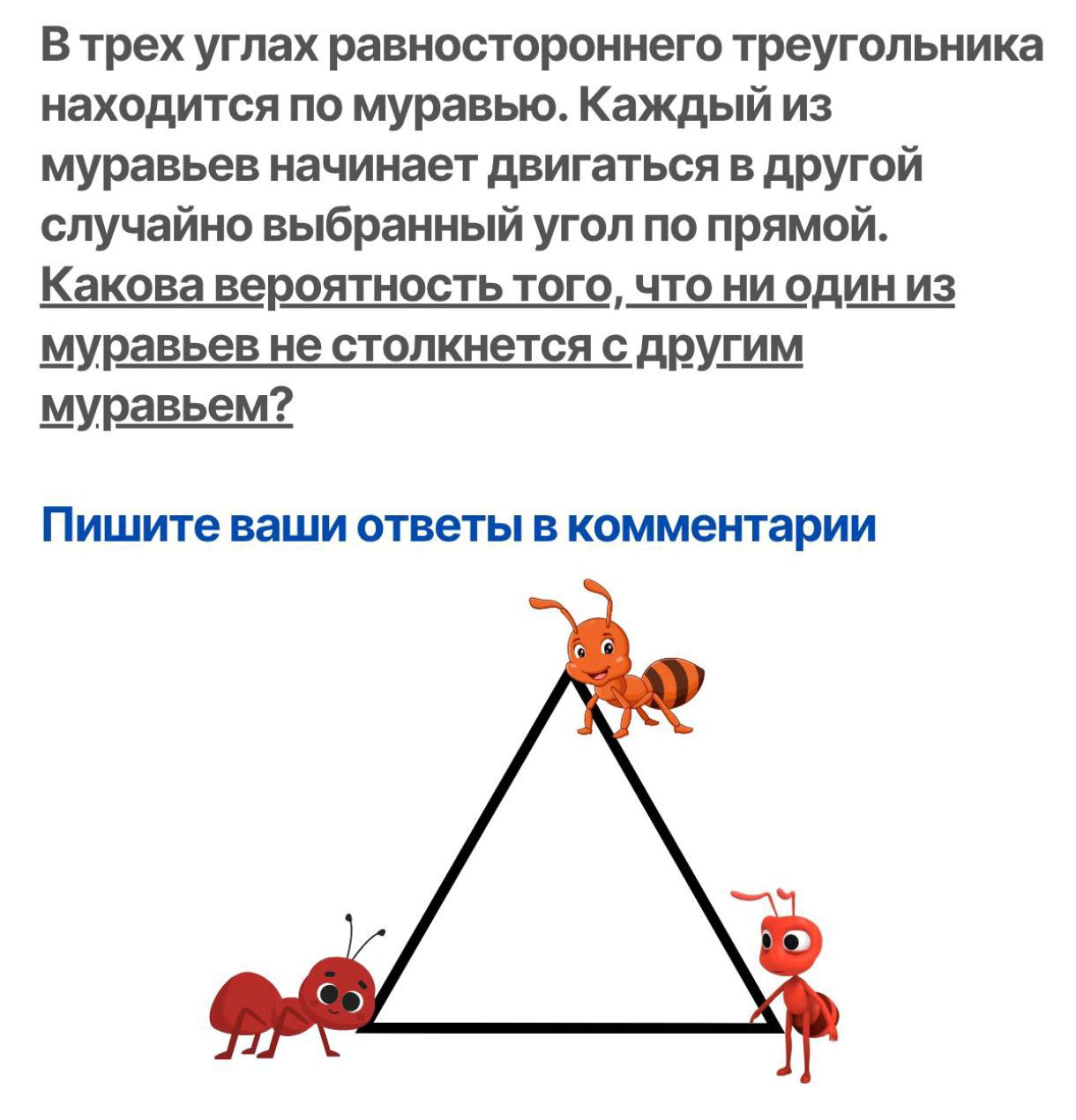 В трех углах равностороннего треугольника находится по муравью. Каждый из муравьев начинает двигаться в другой случайно выбранный угол по прямой. Какова вероятность того, что ни один из муравьев не столкнется с другим муравьем?

Пишите ваши ответы в комментарии