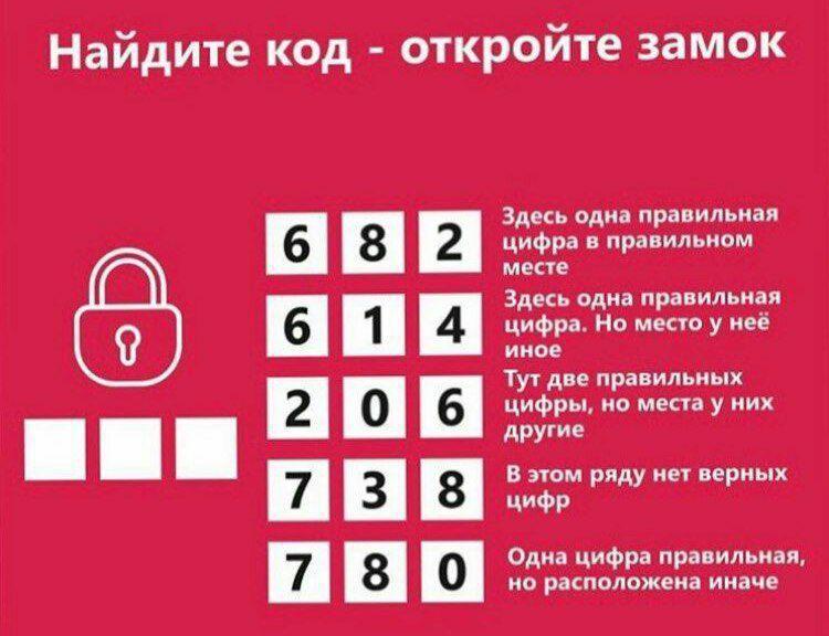 Найдите код - откройте замок

  6  8  2
  6  1  4
  2  0  6
  7  3  8
  7  8  0

Здесь одна правильная цифра в правильном месте
Здесь одна правильная цифра. Но место у неё иное
Тут две правильных цифры, но места у них другие
В этом ряду нет верхних цифр
Одна цифра правильная, но расположена иначе