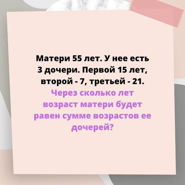 Матери 55 лет. У нее есть 3 дочери. Первой 15 лет, второй - 7, третий - 21. Через сколько лет возраст матери будет равен сумме возрастов ее дочерей?