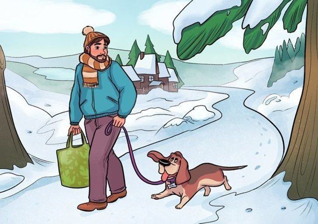 Человек идет с собакой зимой по заснеженной тропе.