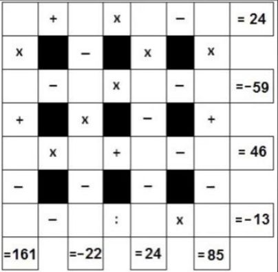 Головоломка-таблица с символами +, x, -, и рядом справа значения =24, =-59, =46, =-13, снизу значения =161, =-22, =24, =85.