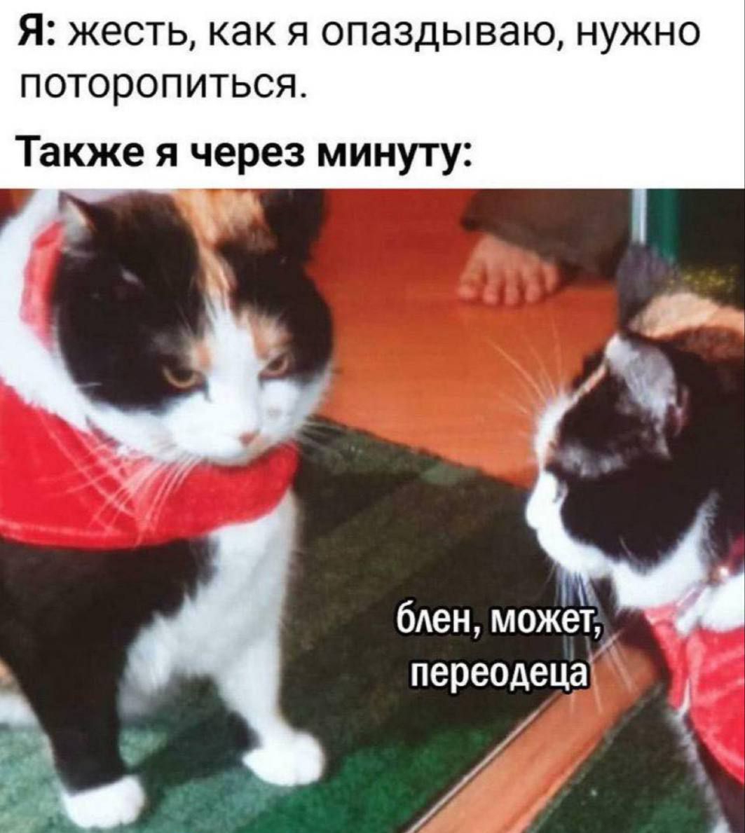 Я: жесть, как я опаздываю, нужно поторопиться.
Также я через минуту:
блен, может, переедецa