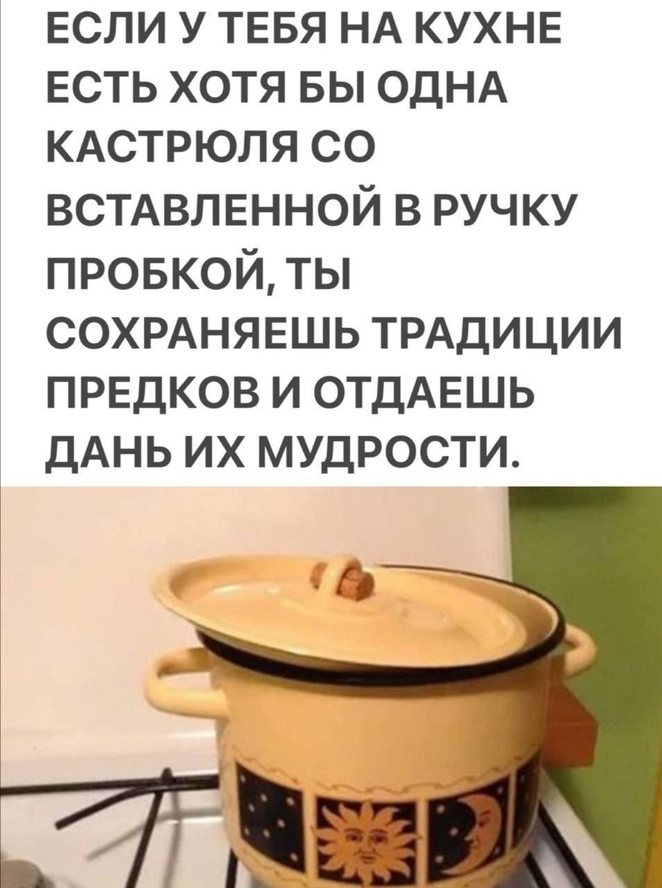 ЕСЛИ У ТЕБЯ НА КУХНЕ ЕСТЬ ХОТЯ БЫ ОДНА КАСТРЮЛЯ СО ВСТАВЛЕННОЙ В РУЧКУ ПРОБКОЙ, ТЫ СОХРАНЯЕШЬ ТРАДИЦИИ ПРЕДКОВ И ОТДАЕШЬ ДАНЬ ИХ МУДРОСТИ.