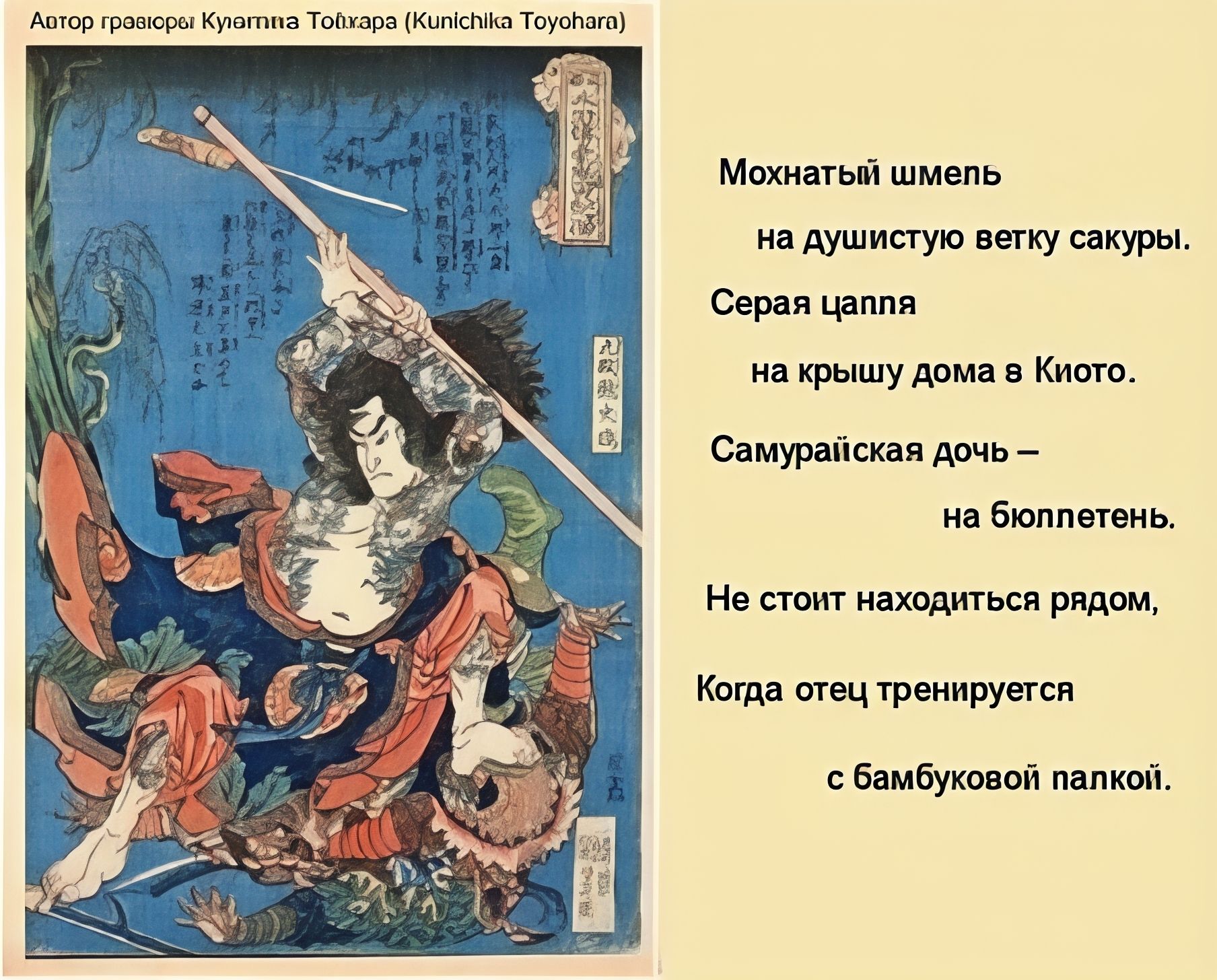 Мохнатый шмель
на душистую ветку сакуры.
Серая цапля
на крыше дома в Киото.
Самурайская дочь –
на биполете.
Не стоит находиться рядом,
Когда отец тренируется
с бамбуковой палкой.